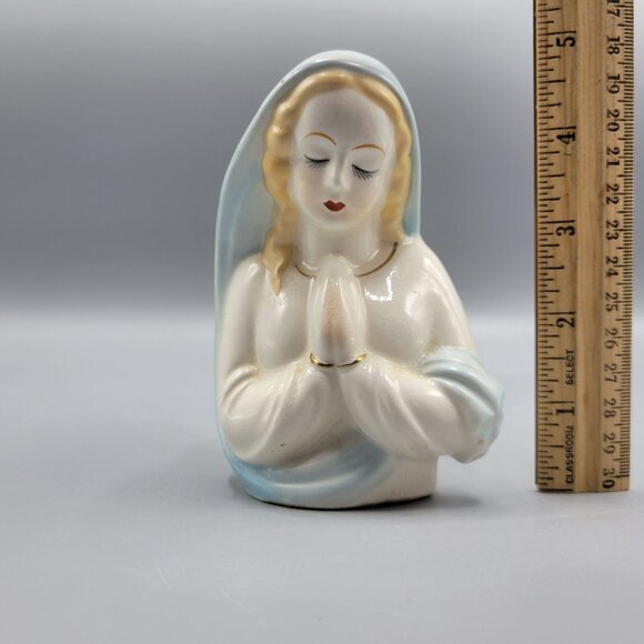 Vintage Ceramic Praying Virgin Mary Figurine Vase Blue White Religious Decor 4.5 - Picture 15 of 15